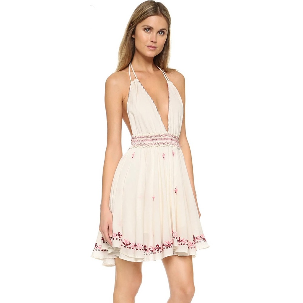 LoveShackFancy Cream Backless Halter Mini Dress with Pink Embroidery